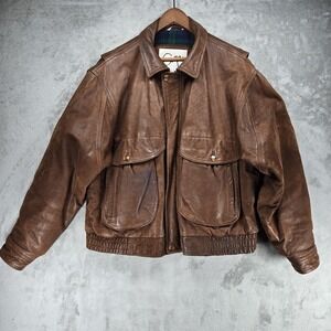Cooper Collections Brown Leather Bomber Jacket Flannel Fleece Lining Sz XL